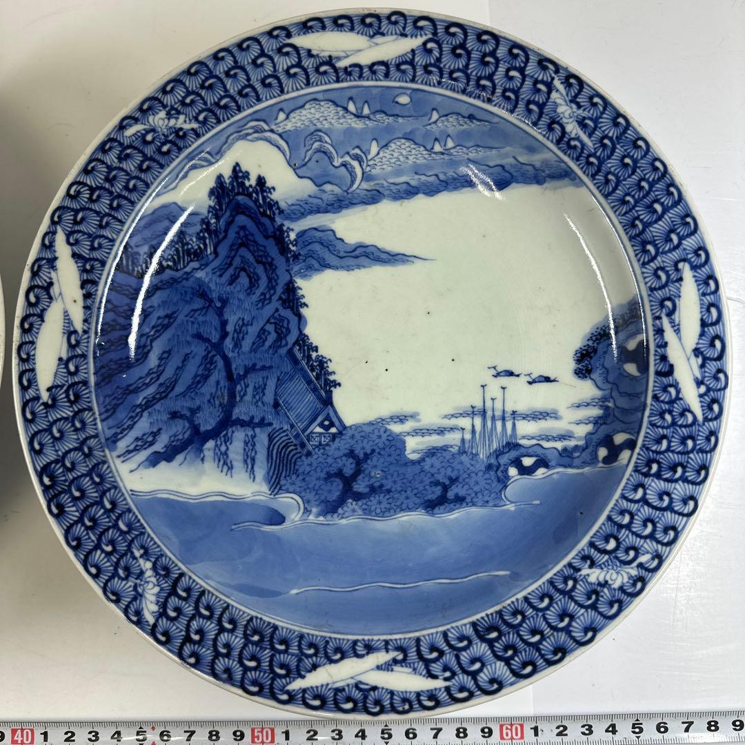 古伊万里　染付台皿2枚　木箱付　直径約25㎝東Y7-0424☆2Fトヒトカ