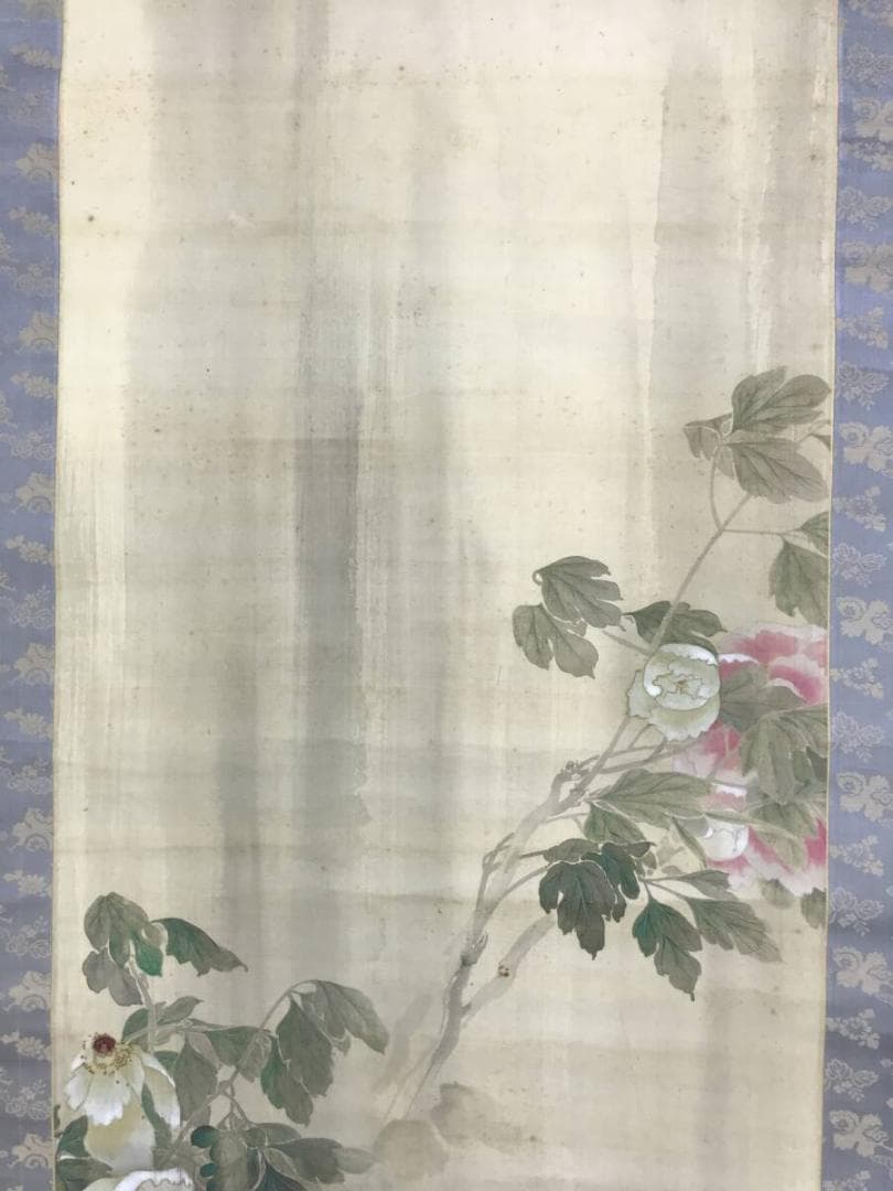 真作/竹淵/雨中牡丹之図/牡丹図/ボタン図/花図/掛軸☆宝船☆AH-608