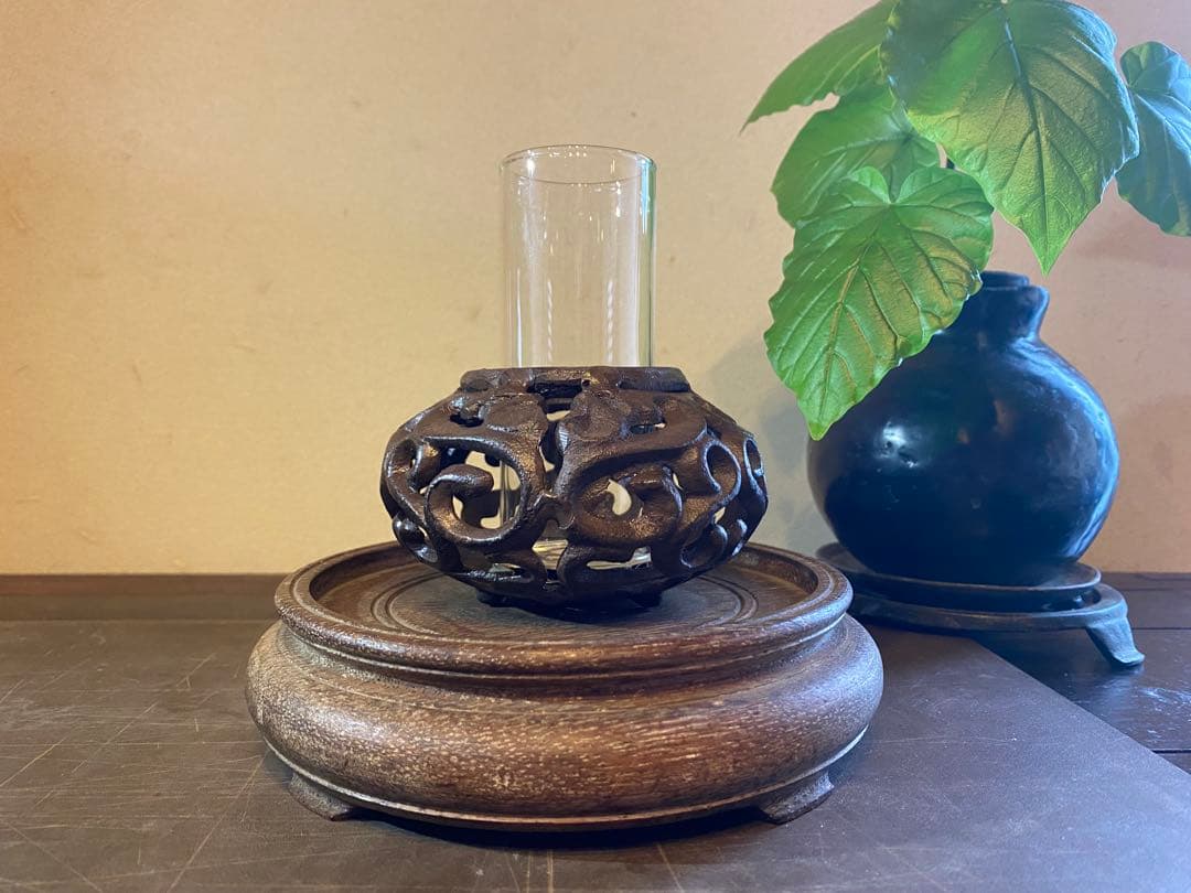 ヴィンテージ　美品アイアン製　ミニ鉢台　２個セット　 水耕育苗用ビーカー付　レア