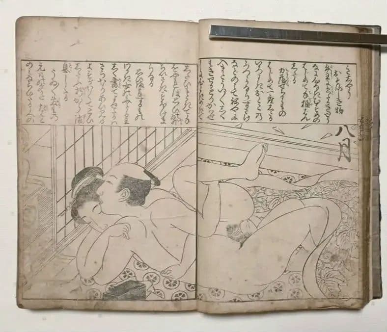 貴重春画大型本黒摺版画、女貞訓下所文庫月岡雪鼎画、明和5年頃出版、直し補修あり