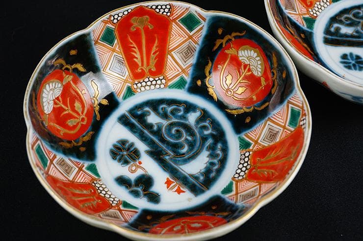 古伊万里色絵手描染付絵付け花形向付五客