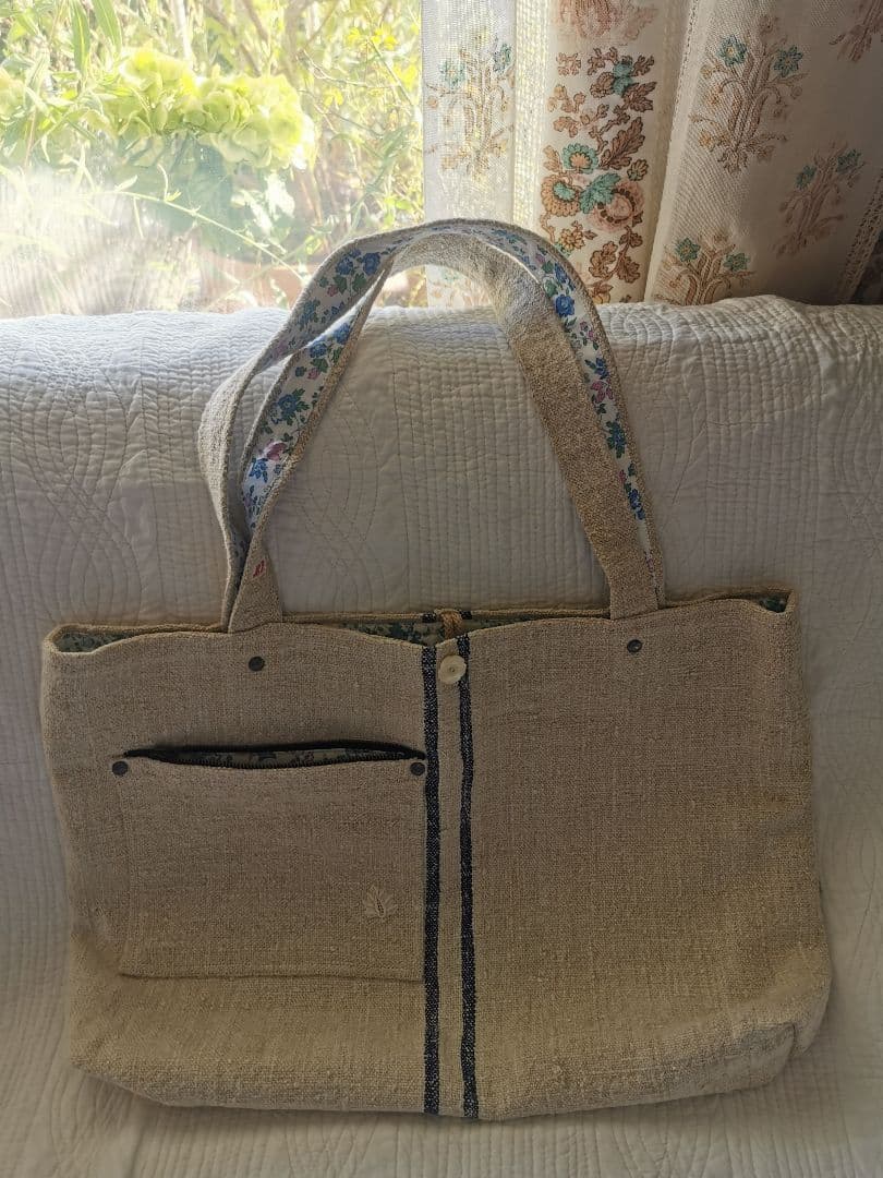 アンティーク アンティークホームスパンリネン＆フレンチファブリックトートバッグ