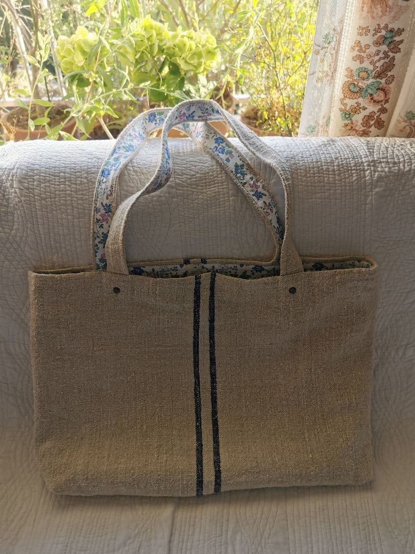 アンティーク アンティークホームスパンリネン＆フレンチファブリックトートバッグ