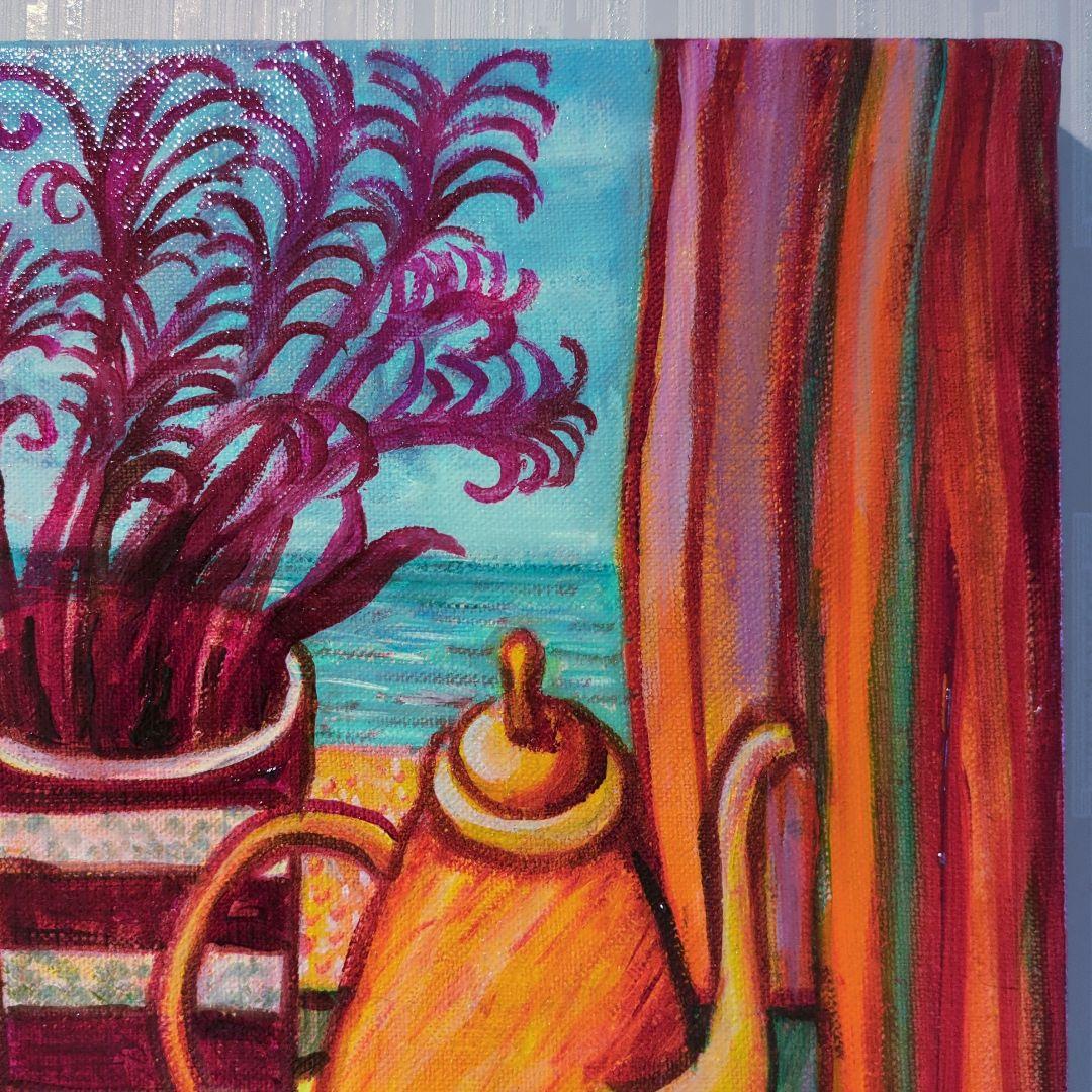 キャンバス油絵　専用　海と砂浜と空が見える窓際のテーブル 　モダンおしゃれアート