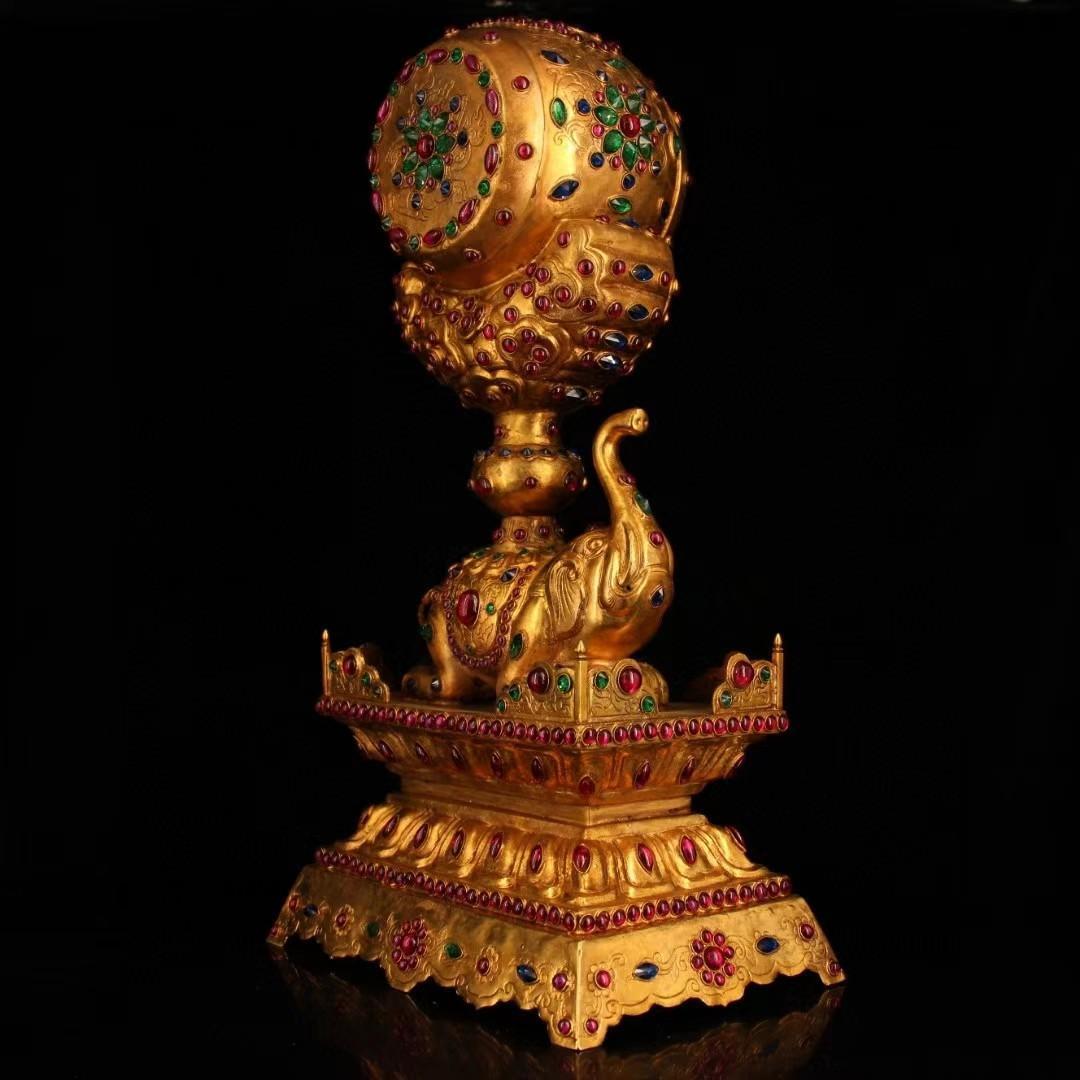 中国古美術・珍品旧蔵・宝石嵌入鎏金象鼓置物・鏨刻鎏金・純銅製・高浮彫・文房置物