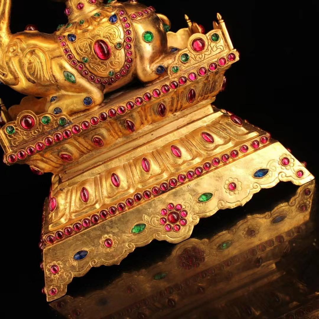 中国古美術・珍品旧蔵・宝石嵌入鎏金象鼓置物・鏨刻鎏金・純銅製・高浮彫・文房置物