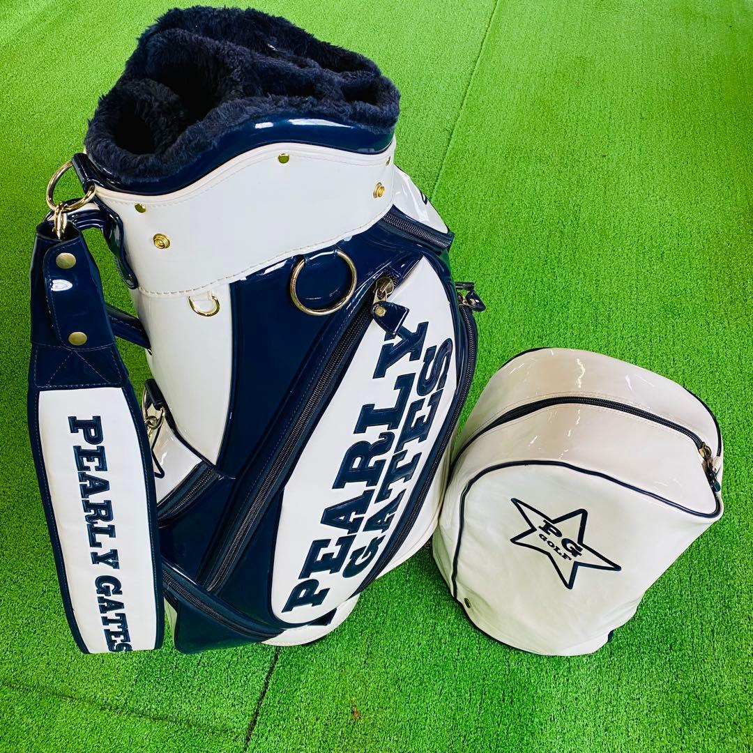 【人気＊定番 】PEARLY GATES　エナメルキャディバッグ　ロゴ　紺×白