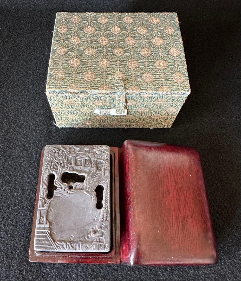 端渓蘭亭硯 細密彫刻 石硯 唐木箱付 文房四宝　中国美術　書道具 硯　未使用