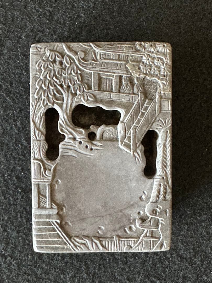 端渓蘭亭硯 細密彫刻 石硯 唐木箱付 文房四宝　中国美術　書道具 硯　未使用