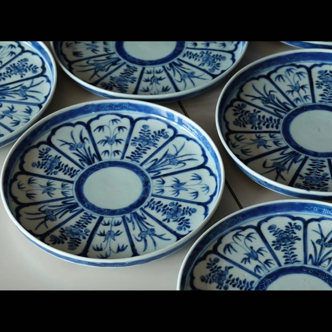 江戸時代　中期　古伊万里　染付　墨弾き　草花文　皿　6客　リム皿　七寸皿　中皿