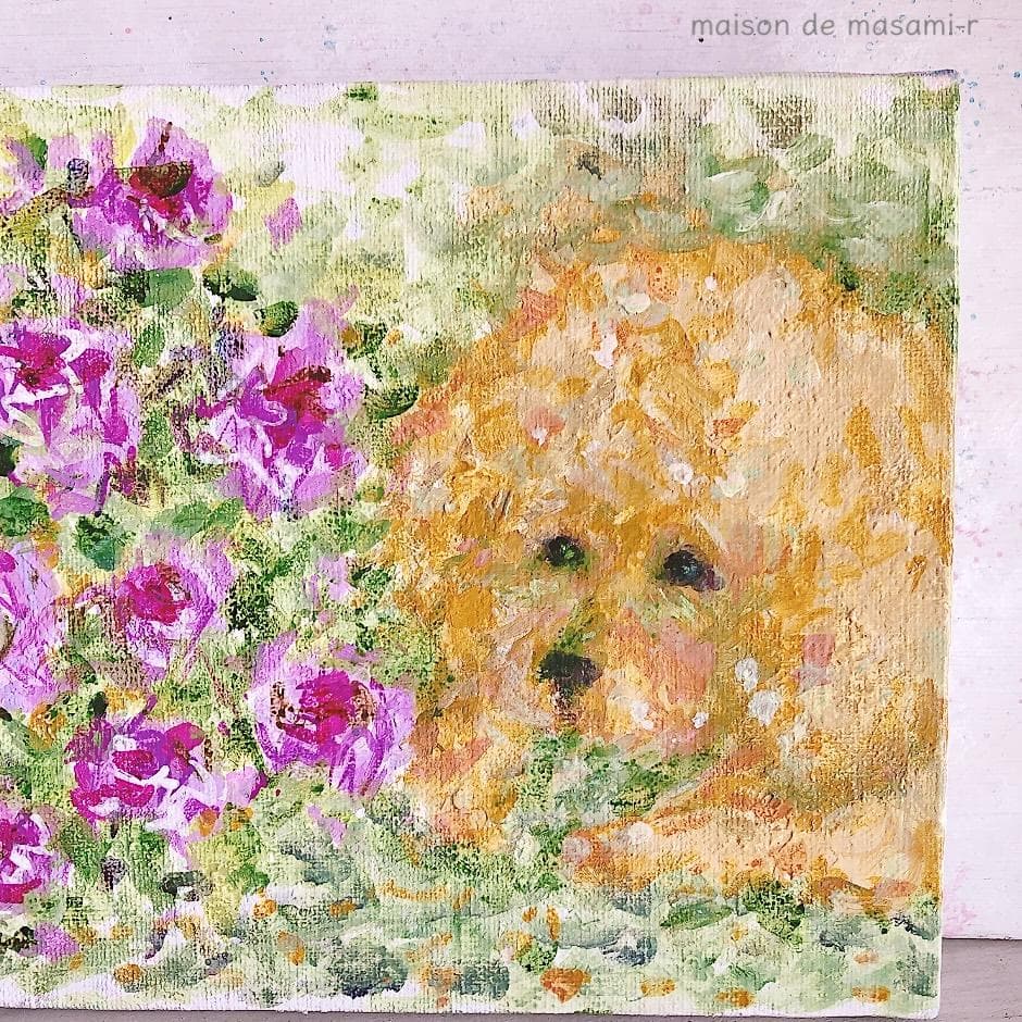 「ペチュニアとトイプードル」 アクリル画 SM キャンバス 原画 額なし