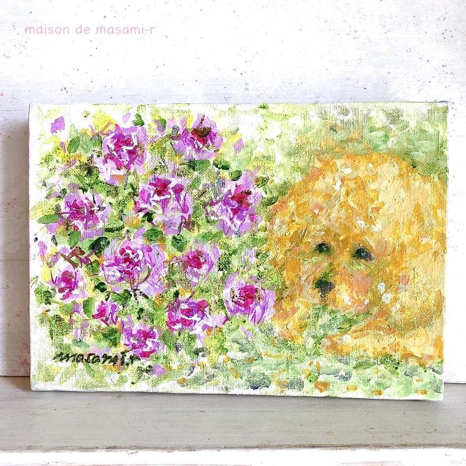 「ペチュニアとトイプードル」 アクリル画 SM キャンバス 原画 額なし