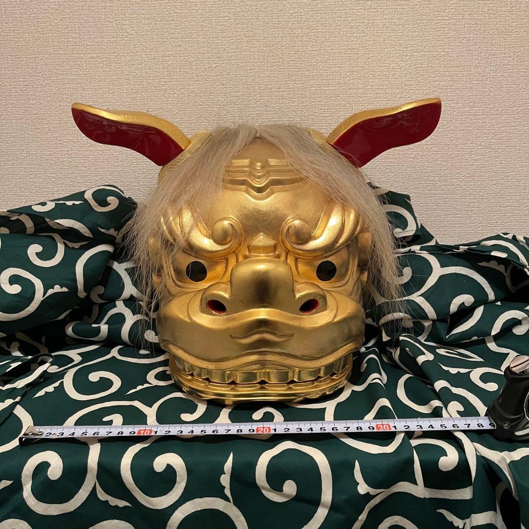 .【希少】　獅子舞　獅子頭　金箔　木彫　魔除け　金彩　古美術　木製 木彫 お祭り