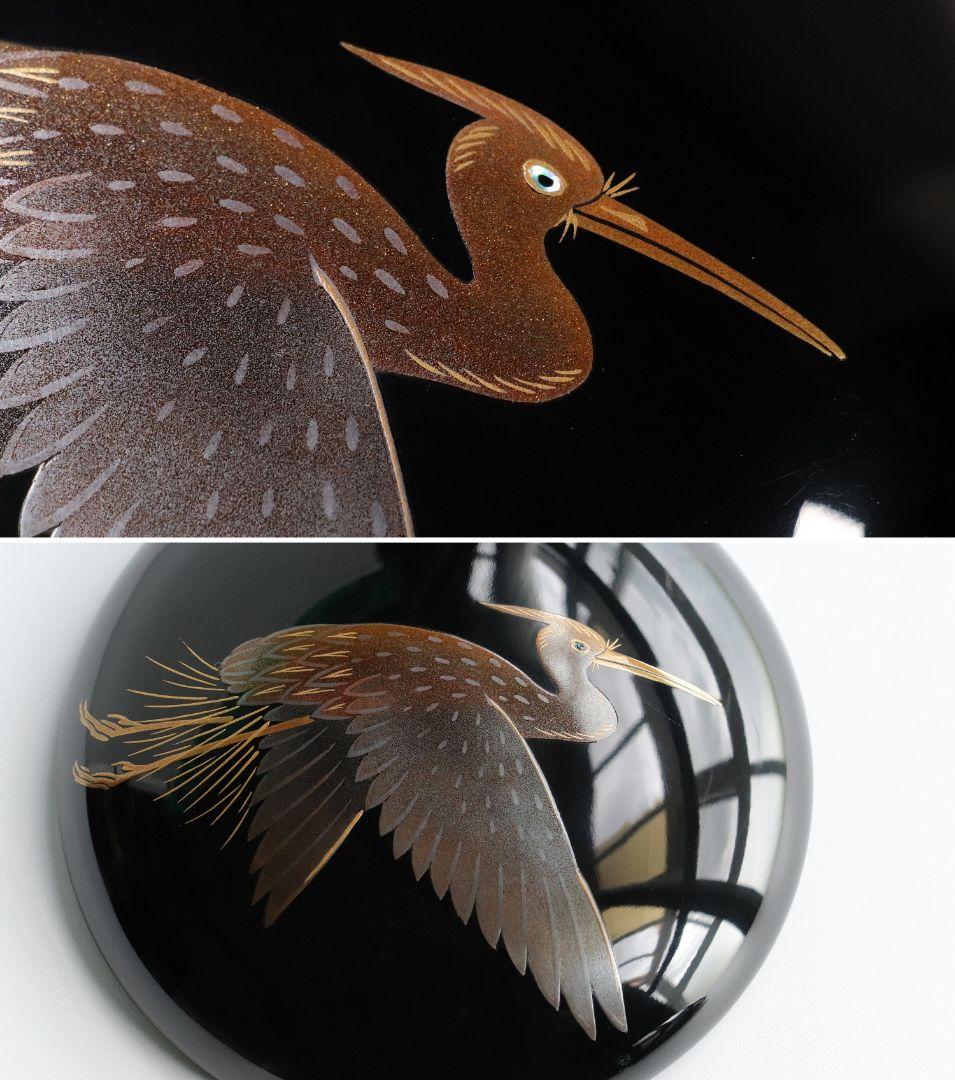 M937 輪島塗 柿木章作 四君子鷺烏蒔絵 碁器一対 木製 黒塗 内梨地 共箱