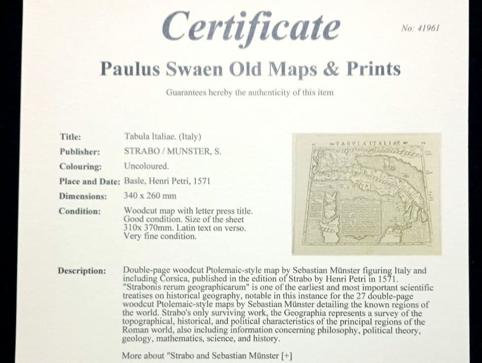 お値下げ　額装品　古地図　1571年　木版画　S.ミュンスター「イタリア全図」