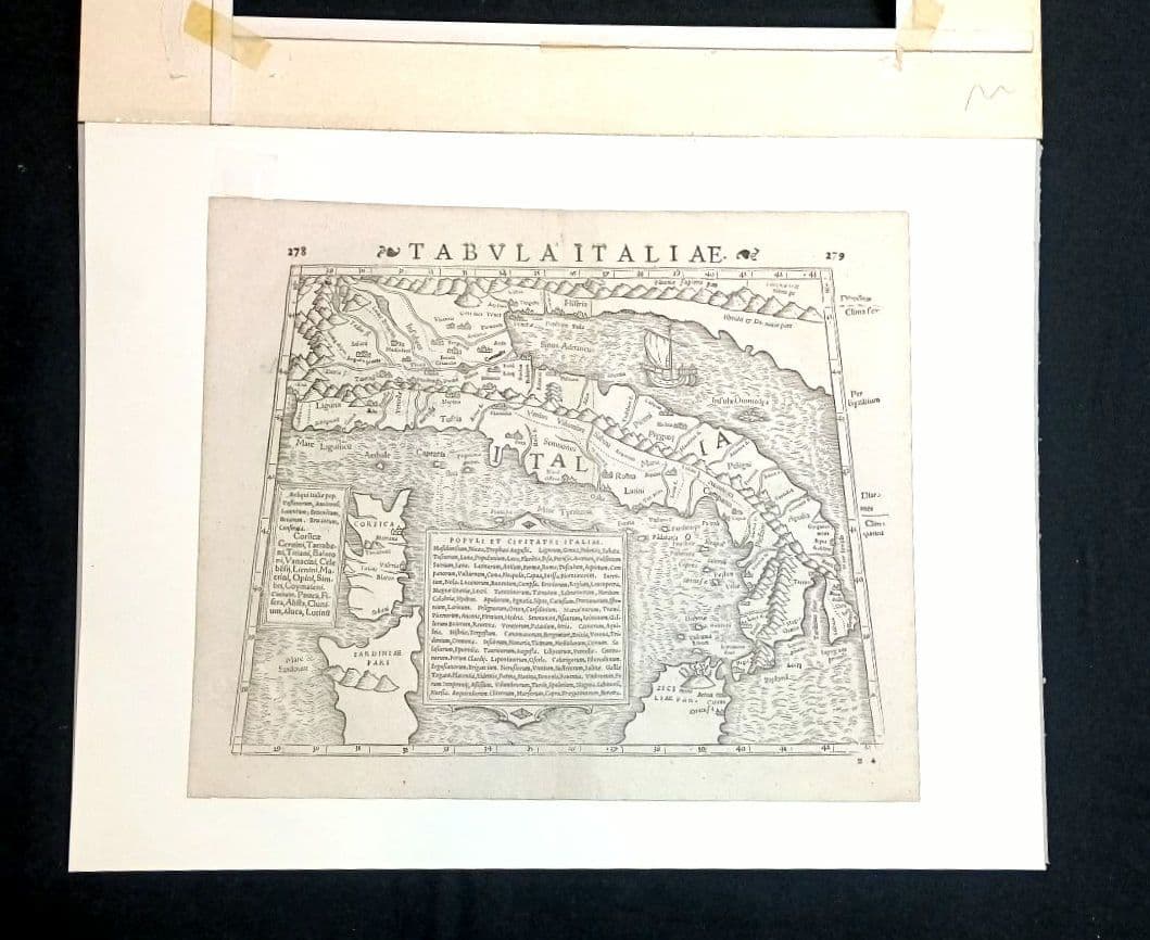 お値下げ　額装品　古地図　1571年　木版画　S.ミュンスター「イタリア全図」