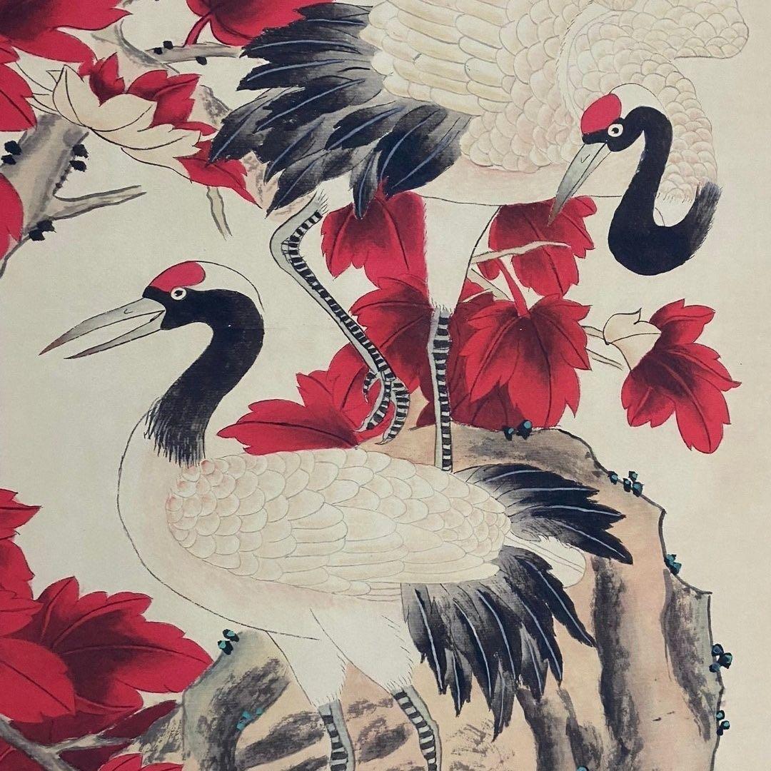 【掛軸】花鳥図「紅葉双鶴」齐白石風 四尺中堂 手工仕立て 180×70cm