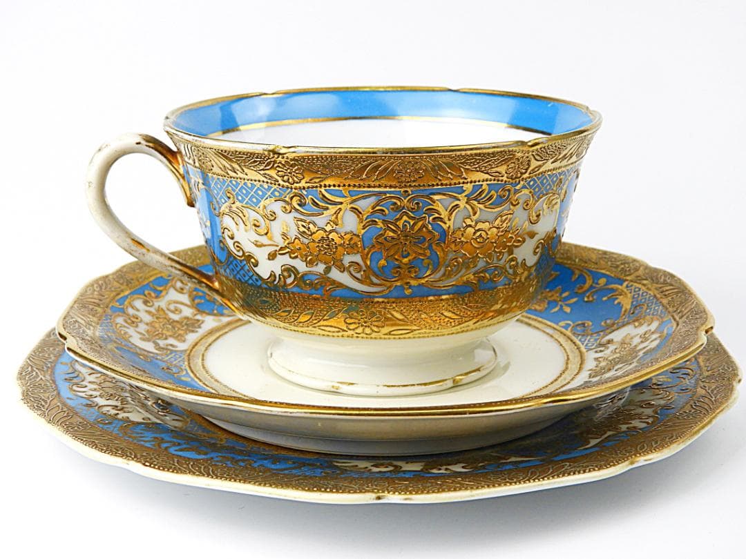 オールドノリタケ 金彩 ターコイズ 薔薇 カップ トリオ