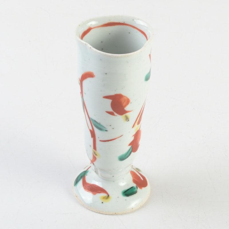 京焼　村田眞人作　赤絵　諸葛菜文　高台盃　酒杯　共布共箱　V　9334