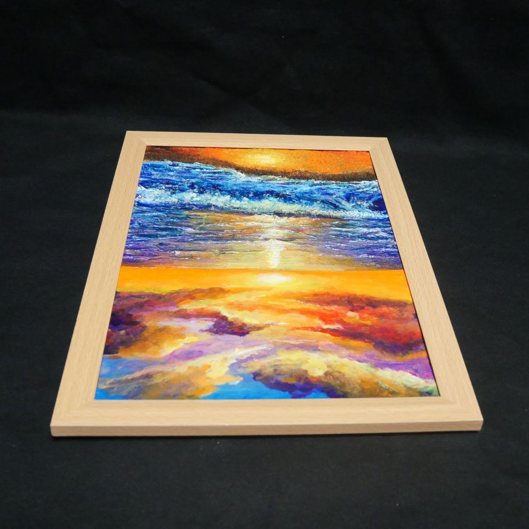 油絵 油彩 油彩画 絵 絵画 【水平線に沈む夕日】A4
