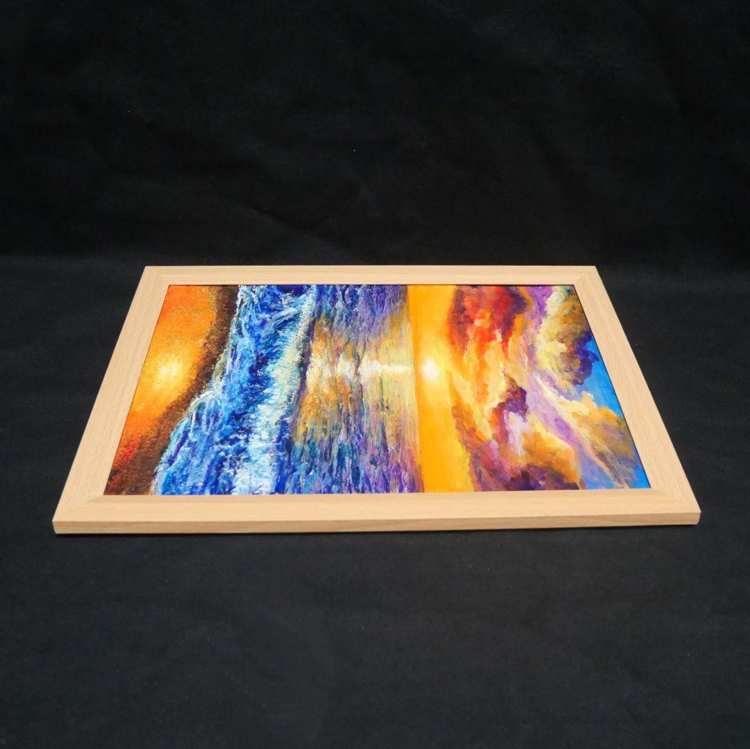 油絵 油彩 油彩画 絵 絵画 【水平線に沈む夕日】A4