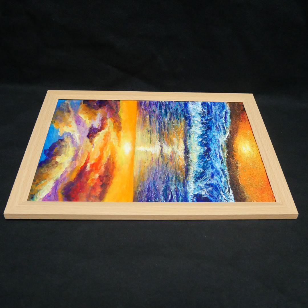 油絵 油彩 油彩画 絵 絵画 【水平線に沈む夕日】A4