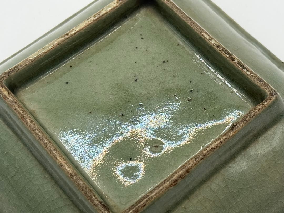 耀州窯青磁　蓮鷺紋角皿② 福如東海寿比南山　送料込み260120