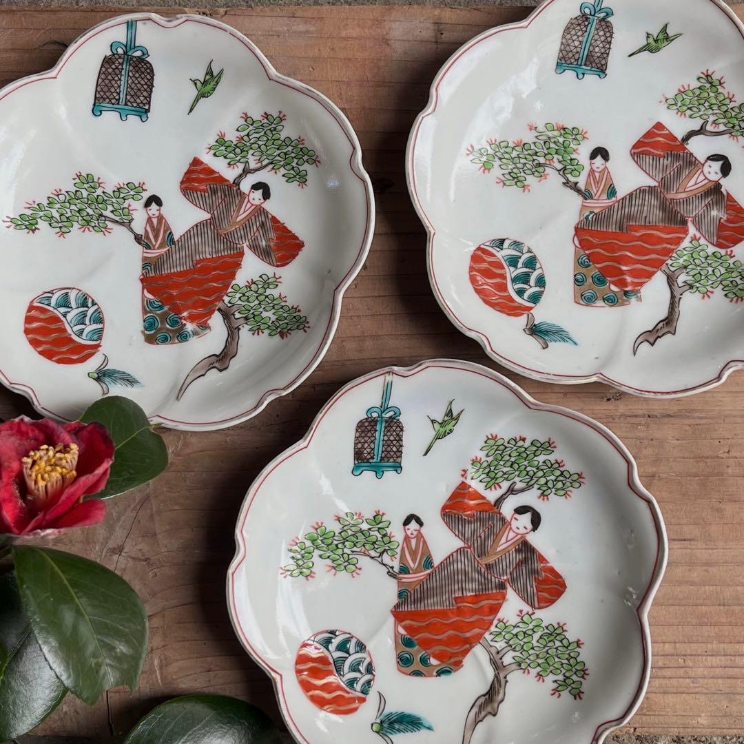 骨董　古伊万里　雛　　立雛　5寸皿　5客組