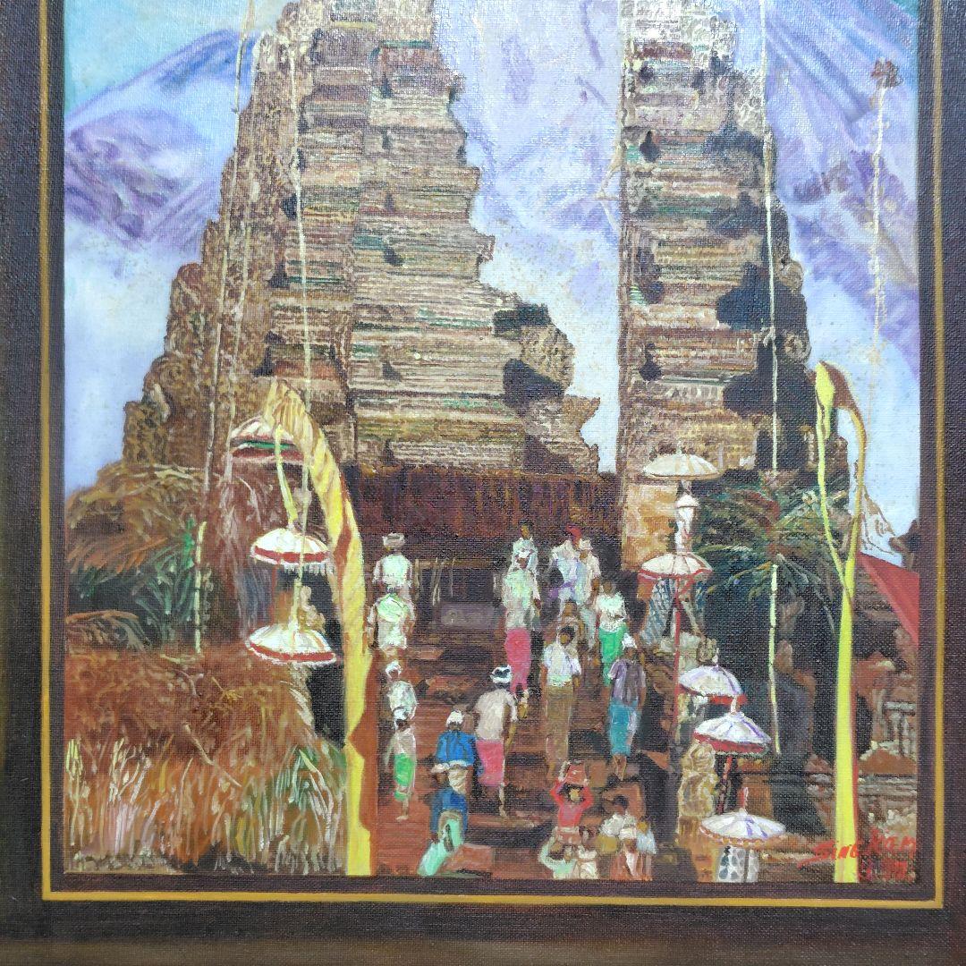 油彩 キャンバス 彫刻額縁 寺院の祭りバリ島