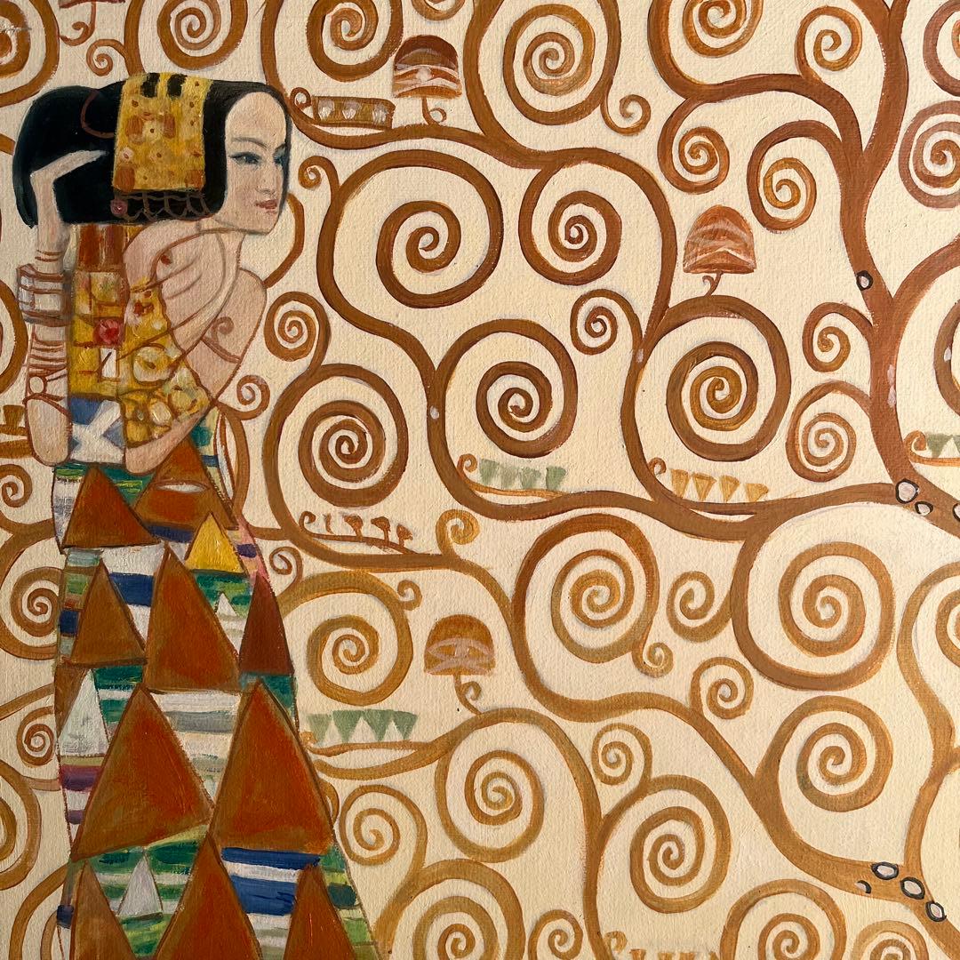 ★秀作★ 手書き油絵 クリムト 生命の木 肉筆絵画 インテリア 油彩画