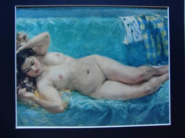 伊藤　清永、緑布に眠る女、希少画集画、新品額装付