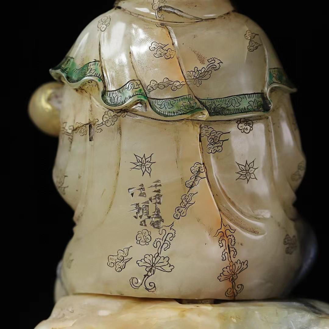 中国古美術・旧蔵寿山石彩絵【観音赐福】・仏像 ・木箱付き・手彫り・文房具・風水