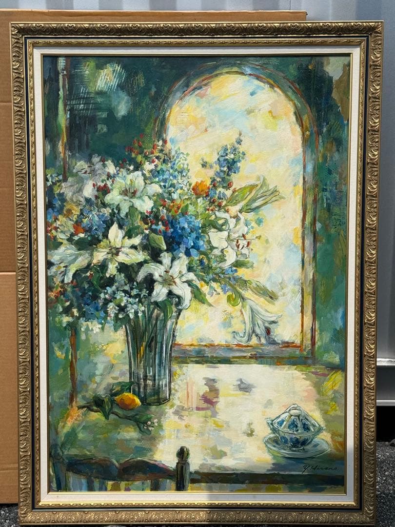 平野能子作　油彩絵　窓辺のボンボニエール　直筆　額装　P50号　送料込み0822