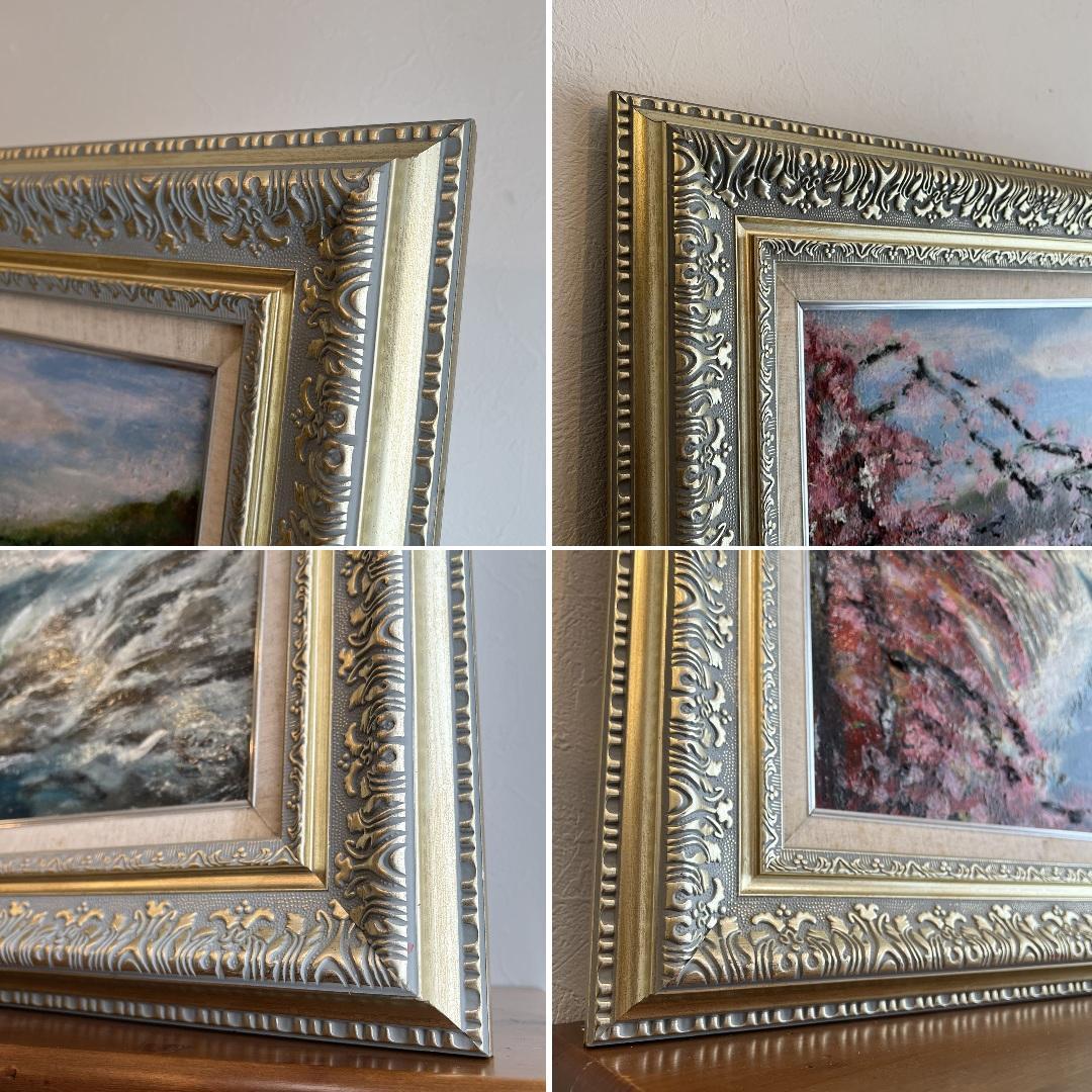 k203 額装絵画 春うららかな桜を臨むすだれ滝の風景 油彩画 エレガントな額縁