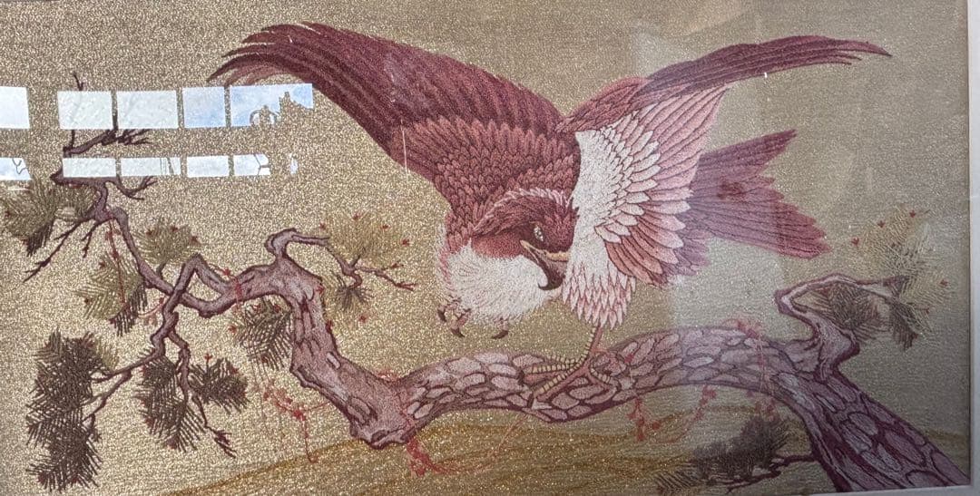 値下げしました！ 日本画 鷹の絵 赤紫色額装済み