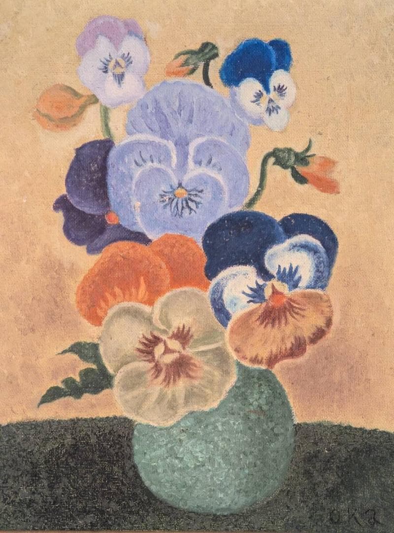 【模写】絵画　岡鹿之助　油彩3号　パンジー　静謐な花の美しさ　品な色調　W39