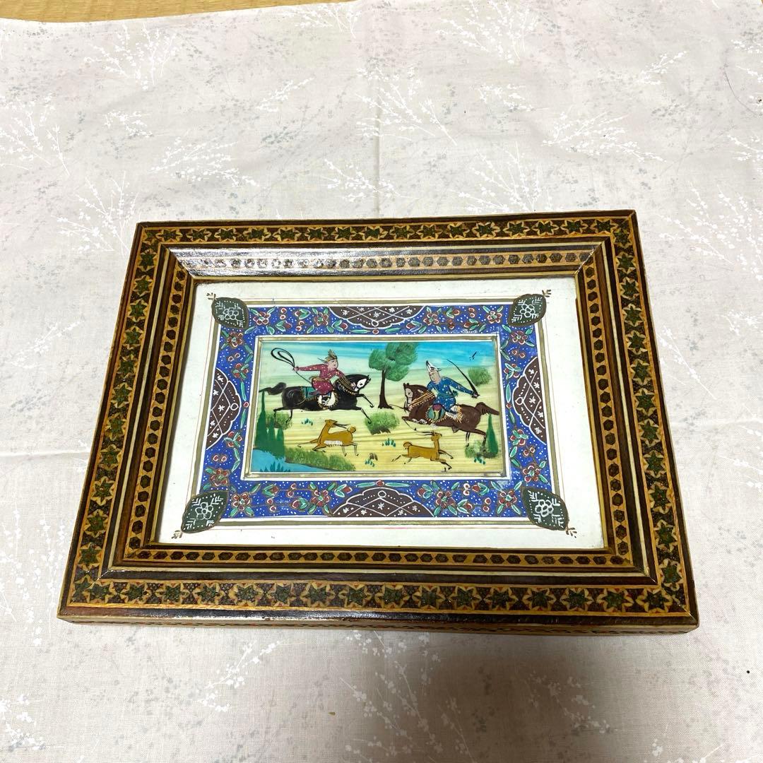 ペルシャ（イラン）ミニアチュール（細密画） ハータムカーリー（寄木細工）額縁入り