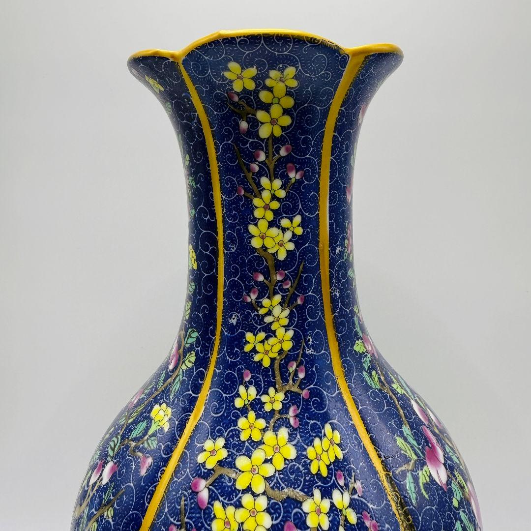 L106 青彩四角エナメル彩彩磁器花瓶 アンティーク