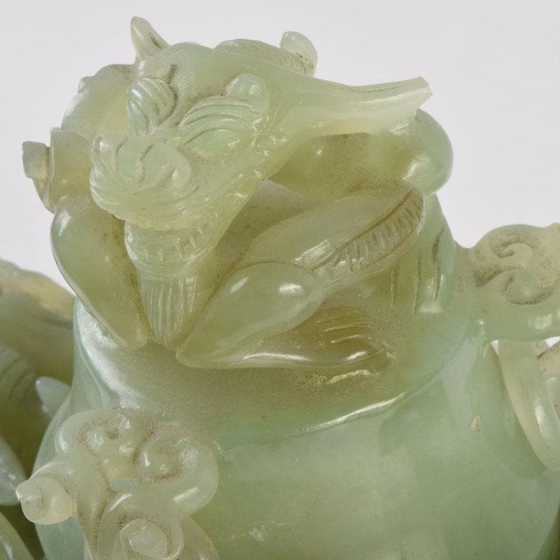 中国　玉石彫刻　雙耳活環　龍鈕蓋爐　香炉　唐木台付　C　9149