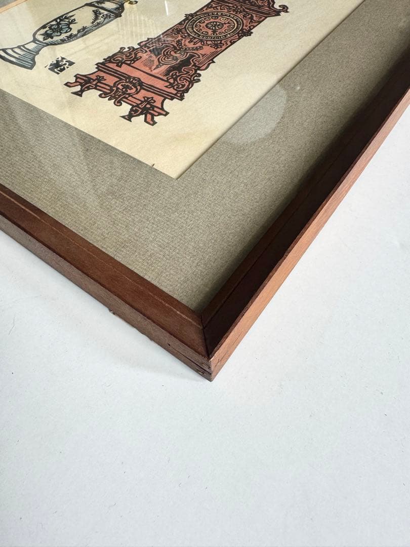 時計とランプ 川上澄生 額装 木版画 堀田時計店 1971年