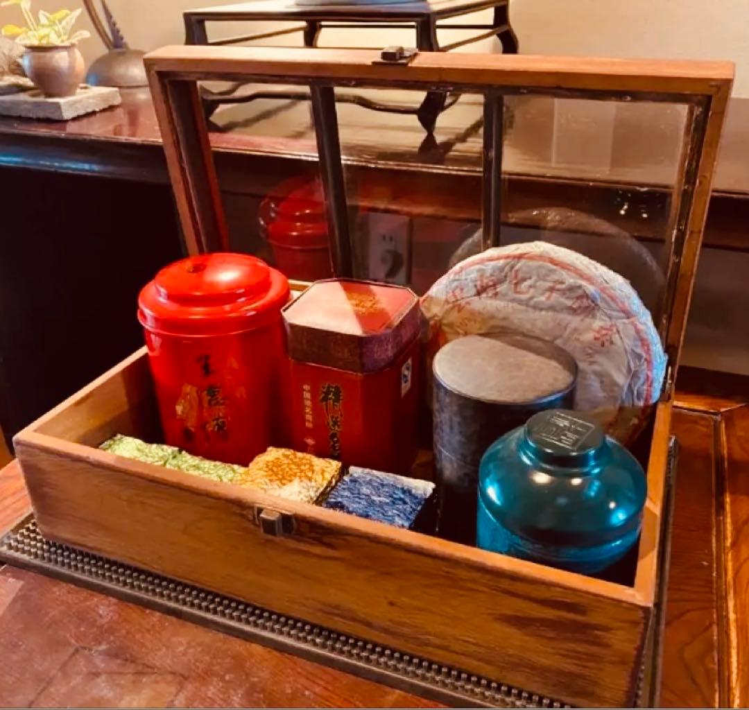 美品　アンティーク　木製ガラスケース　中国・台湾茶器　ヴィンテージ　レア