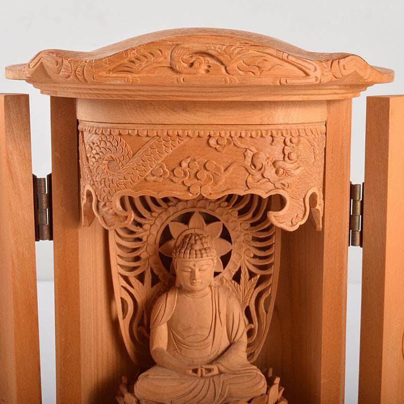 工芸美術大師　虞定良作　木彫　釈迦如来像　仏像　観音開逗子付　D　R5080