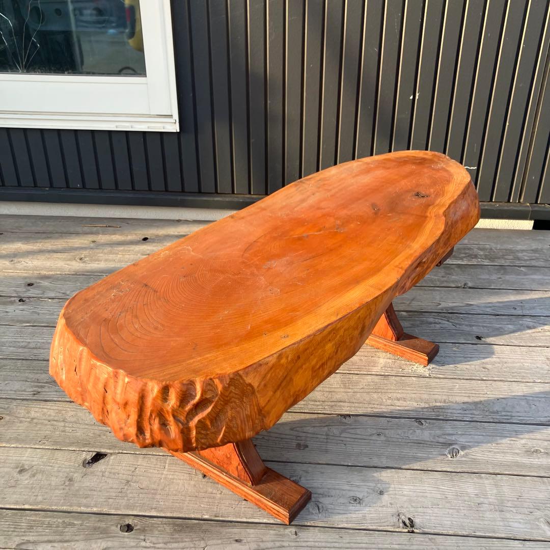 ②昭和レトロ 木製 天然木 欅材 一枚板 脚付き 座卓 センターテーブル 楕円形