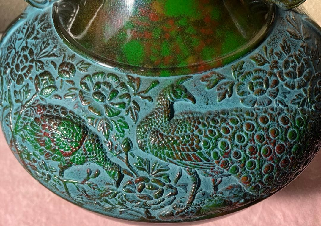 【美品】　花瓶　伝統美術工芸品　花瓶晴峰型 寿孔雀、“ 瑞峰印 ”