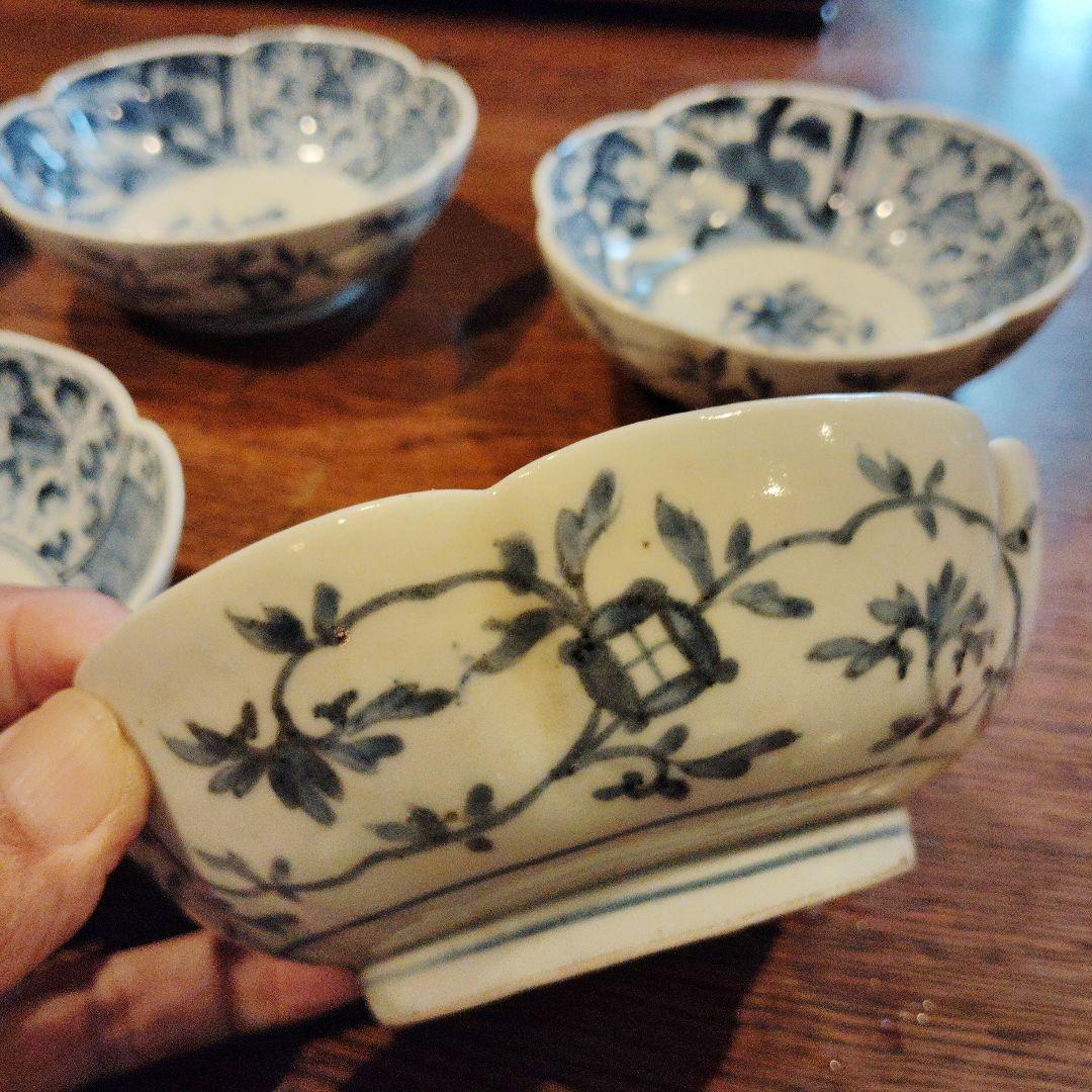 古伊万里なます皿、渦福柿右衛門手。青白磁 花柄 6客