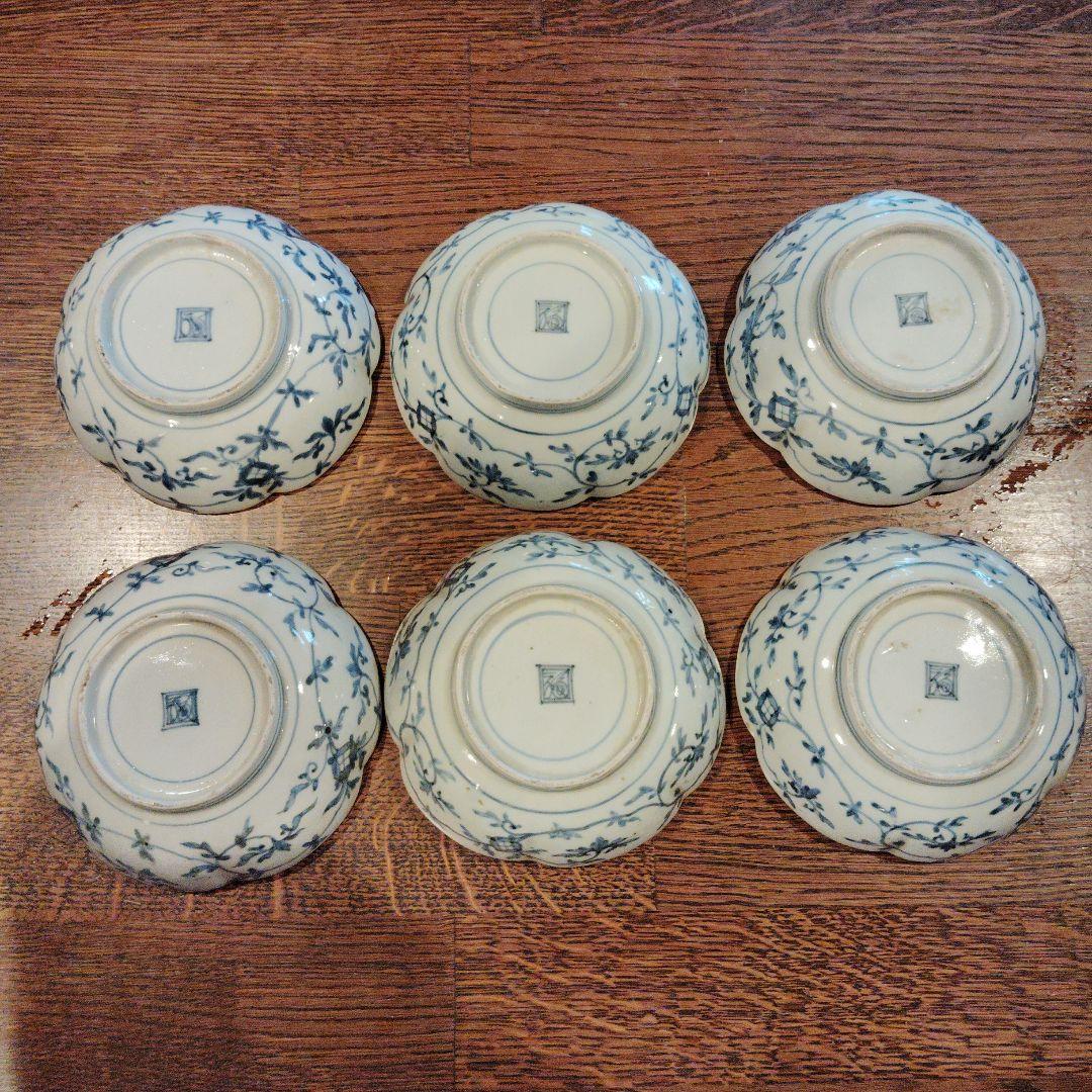 古伊万里なます皿、渦福柿右衛門手。青白磁 花柄 6客