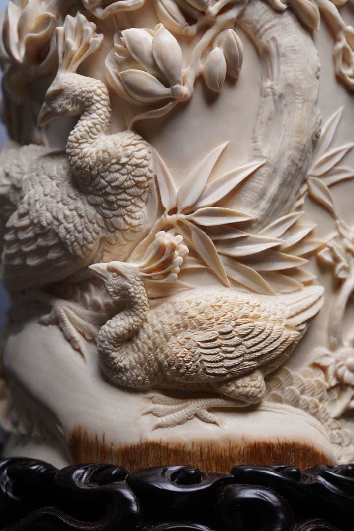 天然マンモス牙美しい手作り彫刻 鳳凰 筆筒