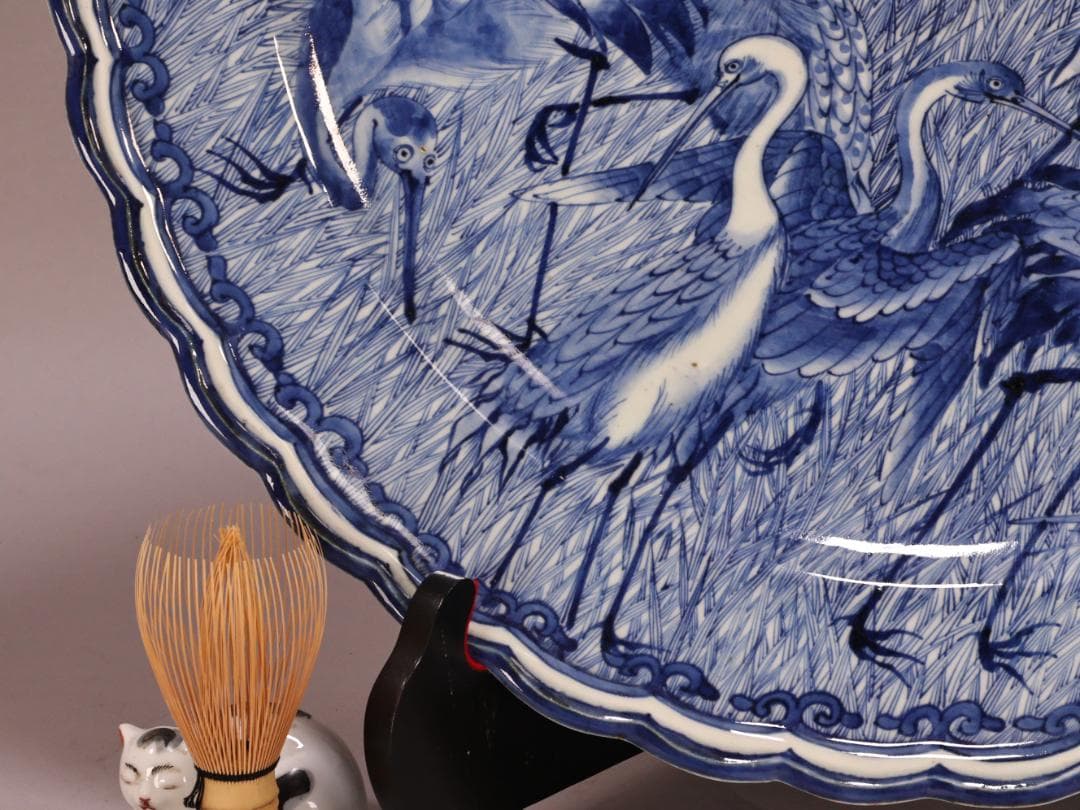 BK266　江戸期　古伊万里　大明成化年製銘　古染付郡鷺文様　大皿　1尺7寸