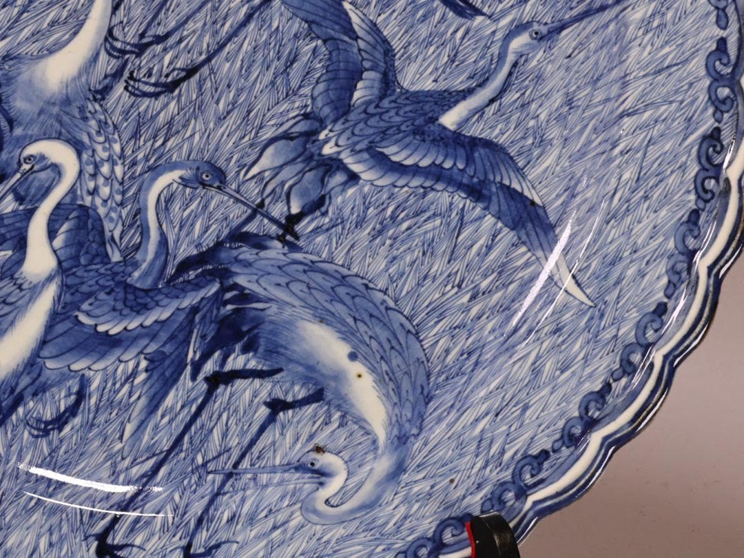 BK266　江戸期　古伊万里　大明成化年製銘　古染付郡鷺文様　大皿　1尺7寸