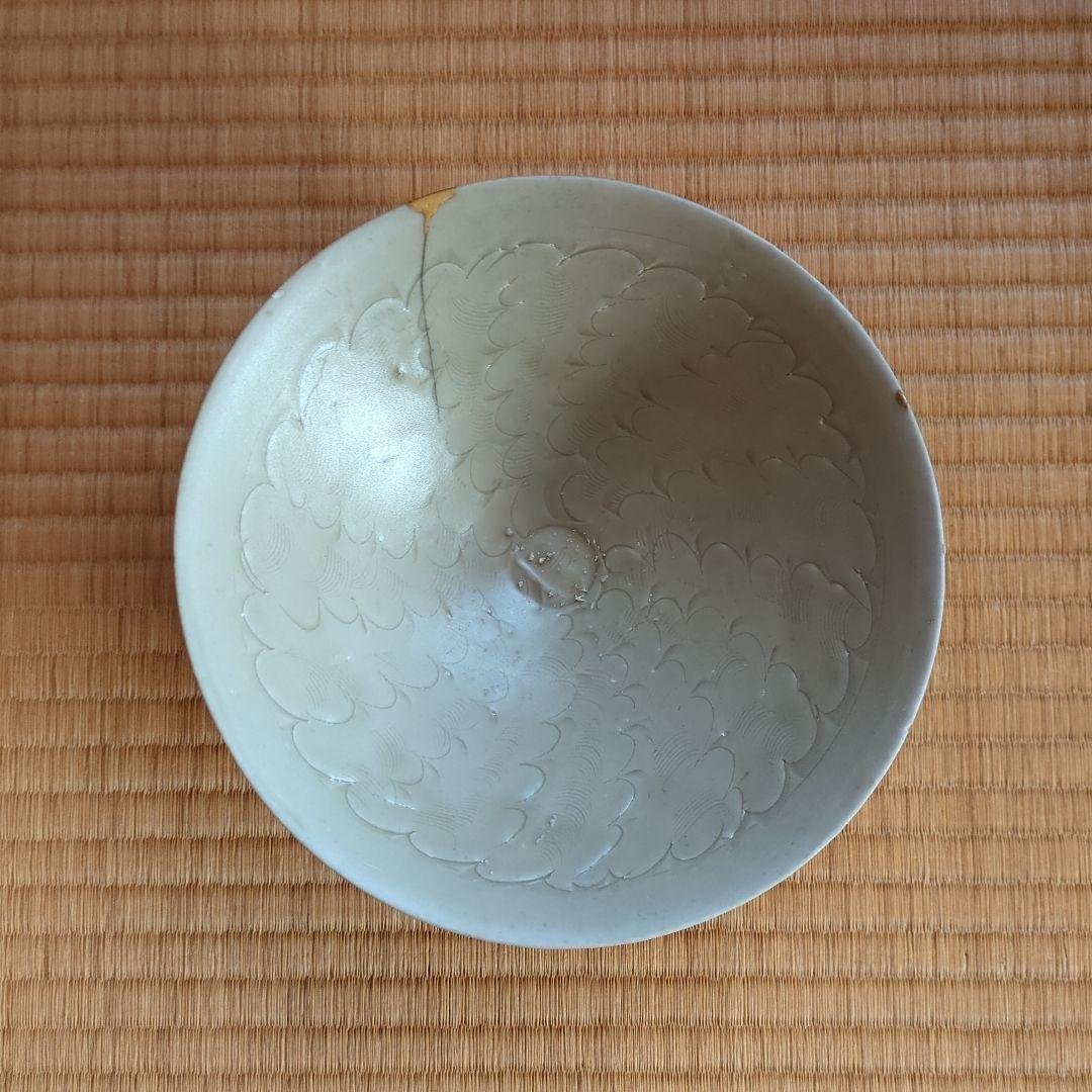 波模様の陶器鉢　木箱入り　金継ぎ　骨董品　古美術